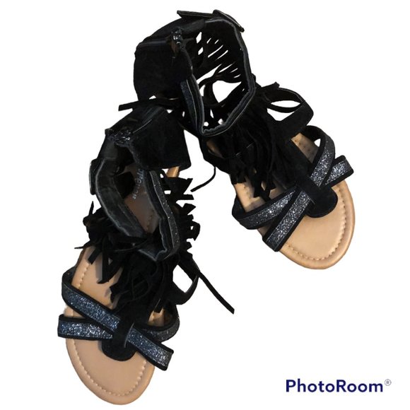 Fringe Forever 21 EUC Gladiator Sandals Black faux Suede Size 7 - Picture 4 of 10